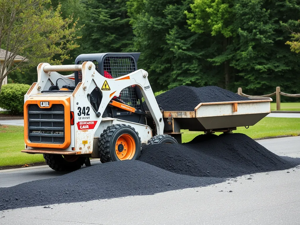 A skid steer loader unloading recycled asphalt materials for road construction and maintenance.