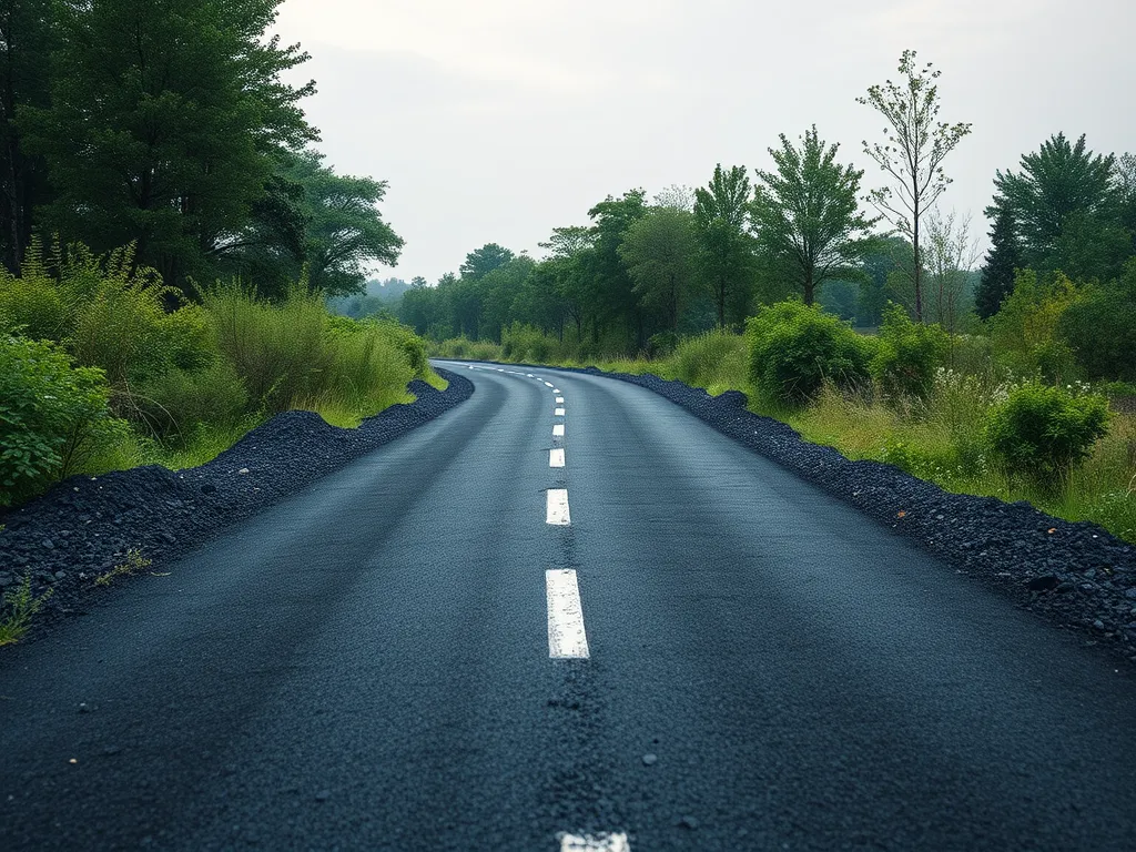 A winding road made from recycled asphalt materials surrounded by greenery.
