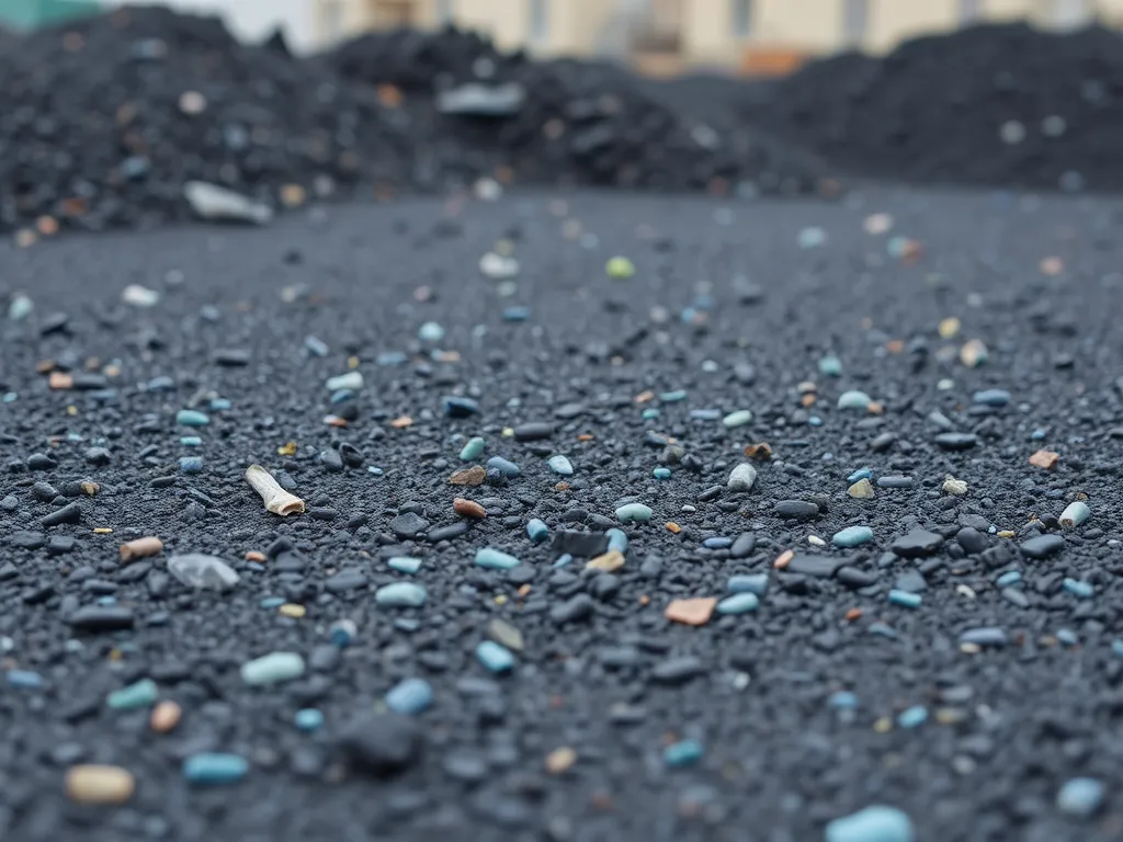 Close-up of recycled materials integrated into asphalt pavement