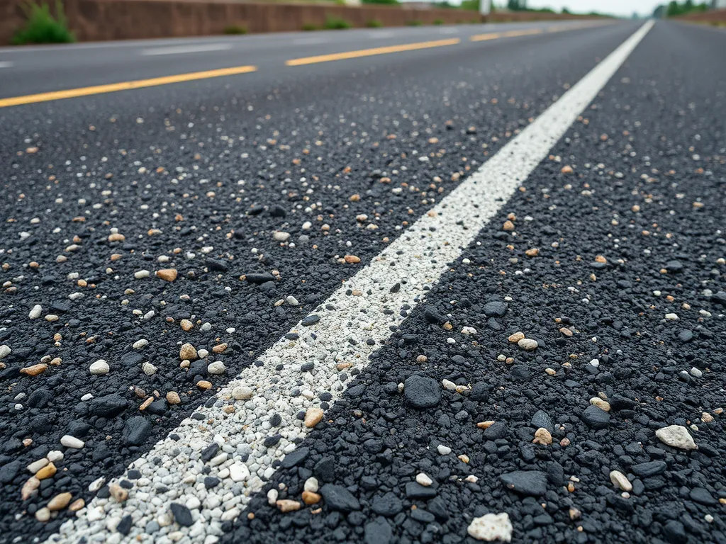 Close-up view of asphalt pavement featuring recycled materials, illustrating their role in sustainable asphalt production.