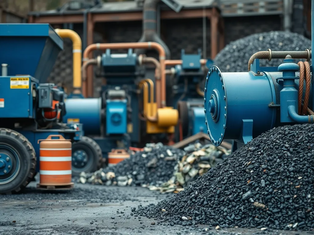 Machinery used in the recycling process of asphalt, featuring piles of recycled asphalt materials.