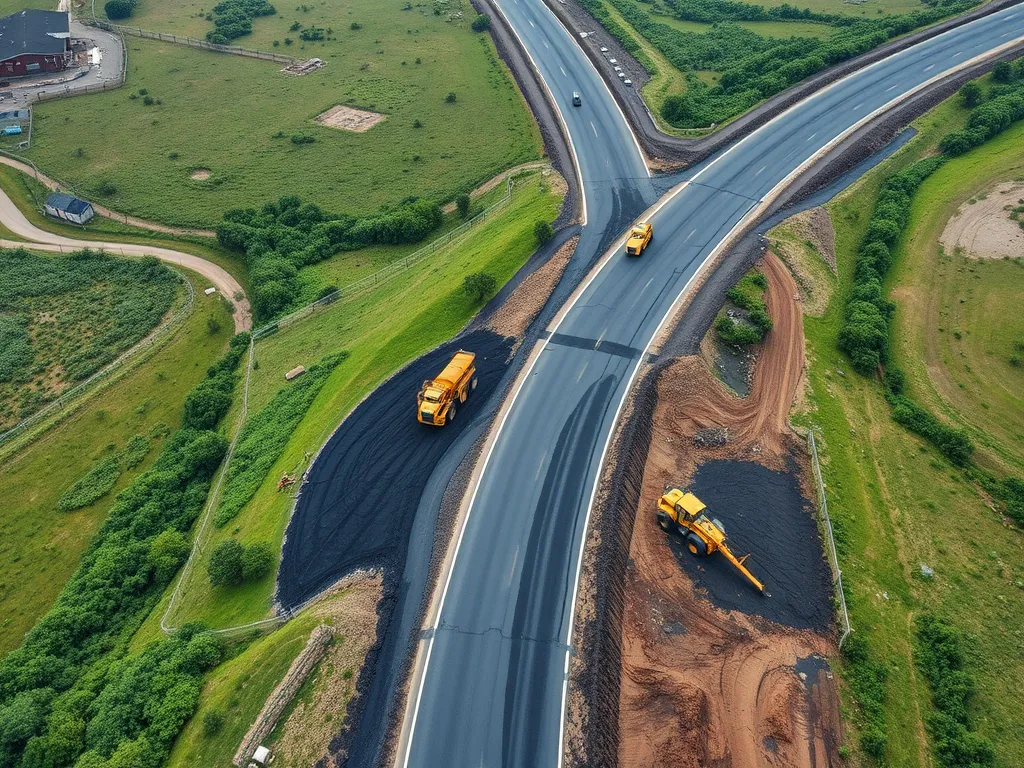 Aerial view of construction trucks recycling asphalt on a road.