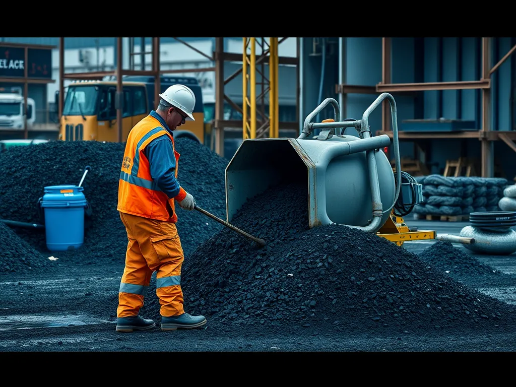 Worker recycling asphalt at a construction site for sustainable paving