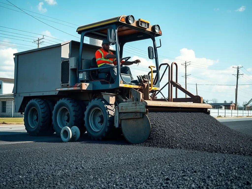 Construction worker operating a machine laying recycled asphalt pavement.