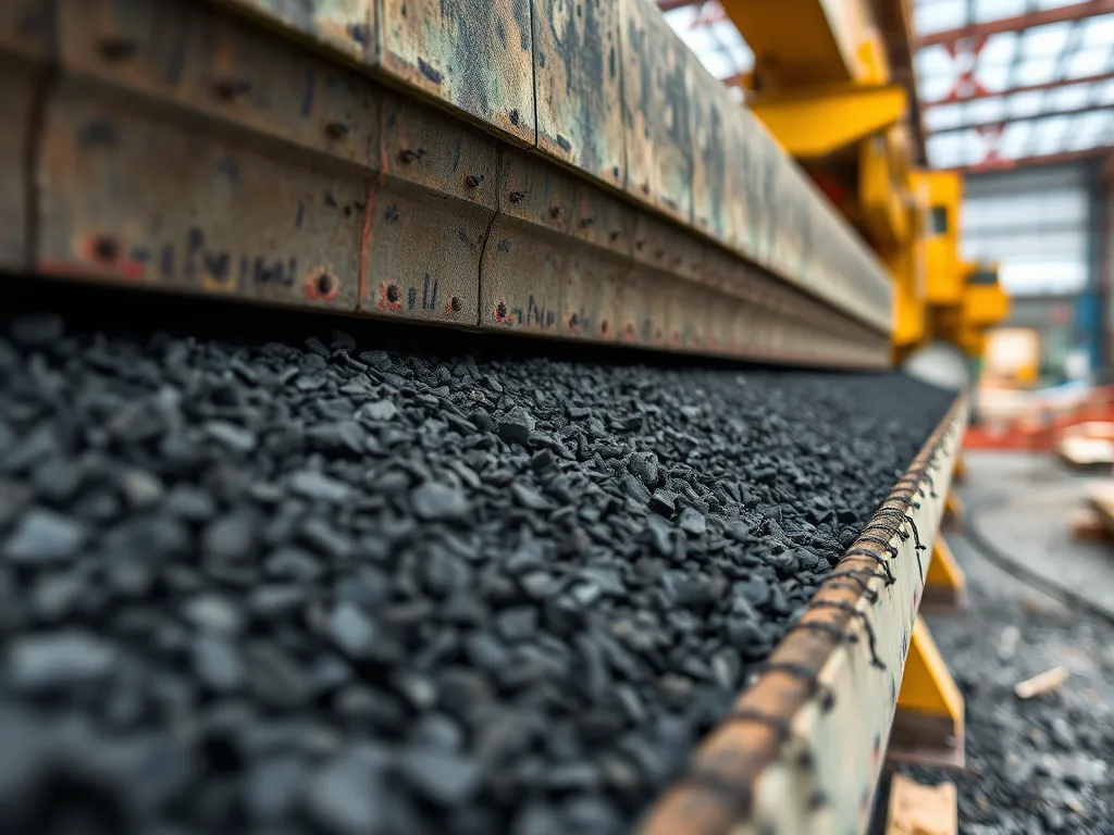 Close-up of recycled asphalt being processed on a conveyor belt, highlighting best practices in asphalt pavement recycling.