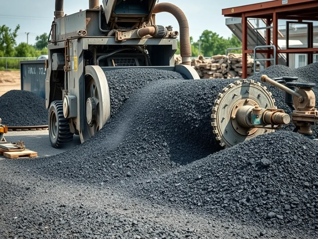 Heavy machinery processing asphalt for recycling in a construction site