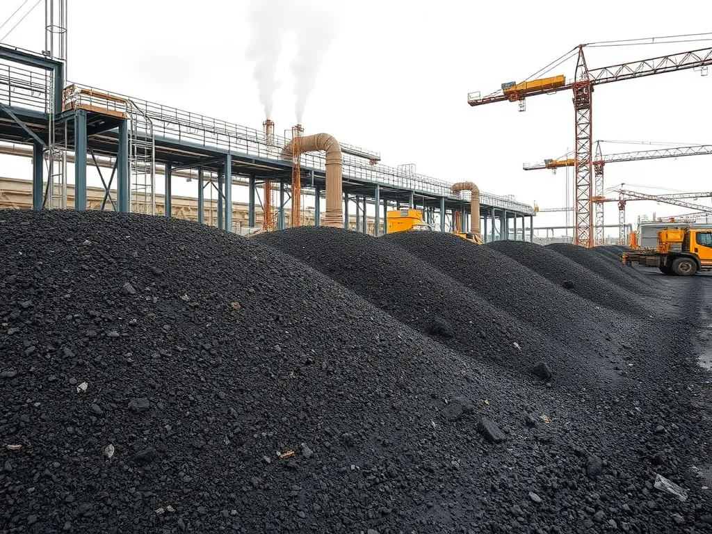 Asphalt recycling facility with piles of reclaimed asphalt materials and machinery.