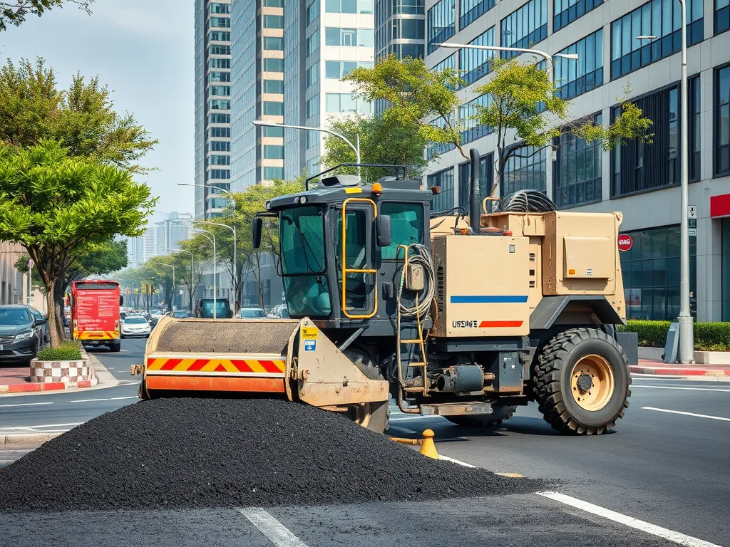 Asphalt recycling machine on a city street for sustainable asphalt production
