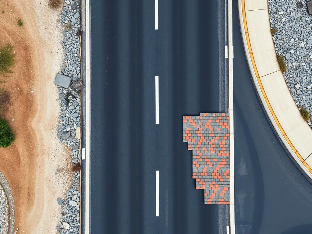 Aerial view of asphalt road with recycling options in commercial settings