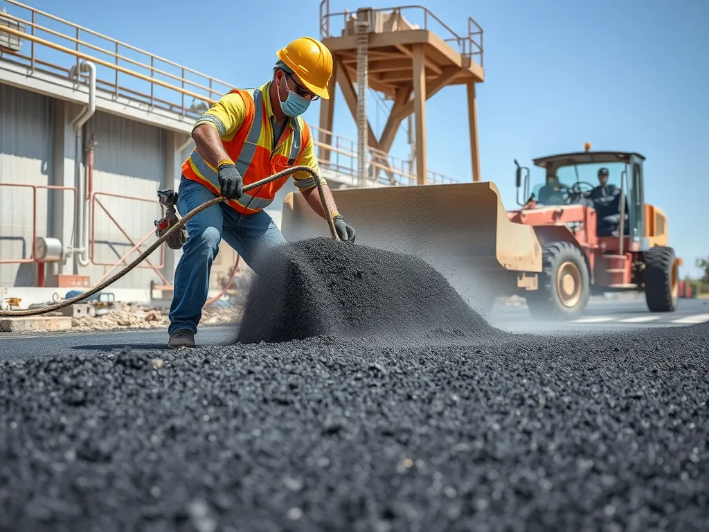 Worker laying recycled asphalt material for road construction