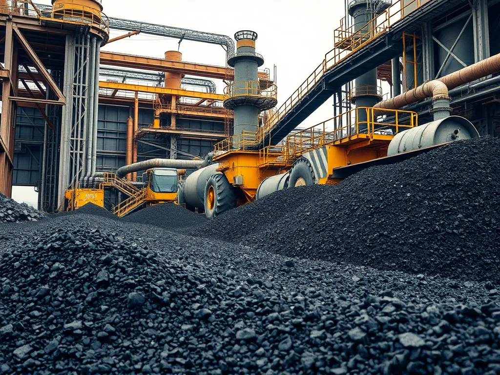 Industrial site showing heavy machinery and piles of reduced crude residuum.
