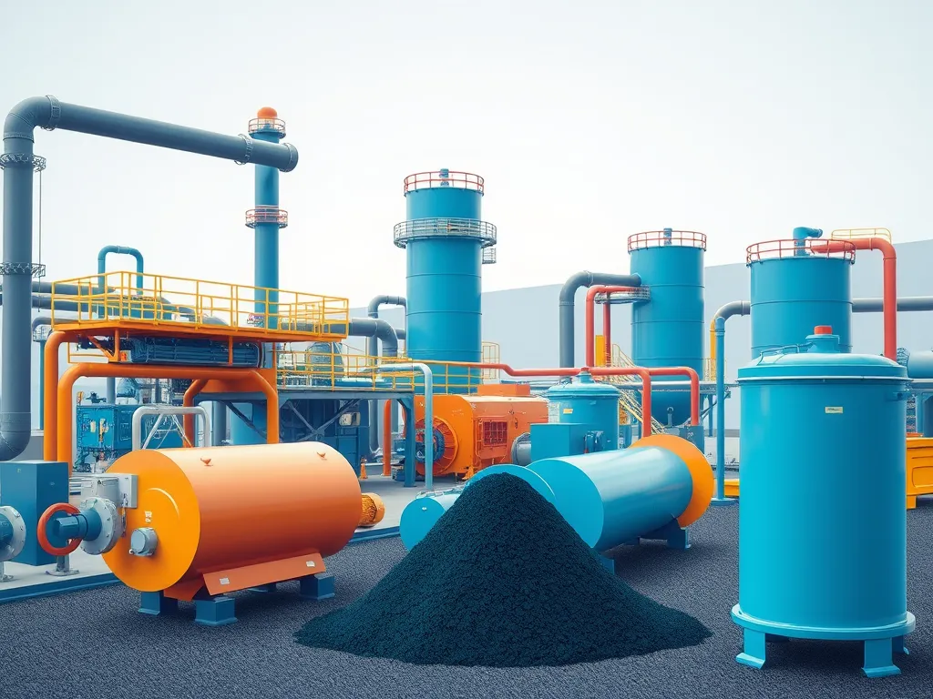 Industrial equipment and materials used in the refinery asphalt modification process.
