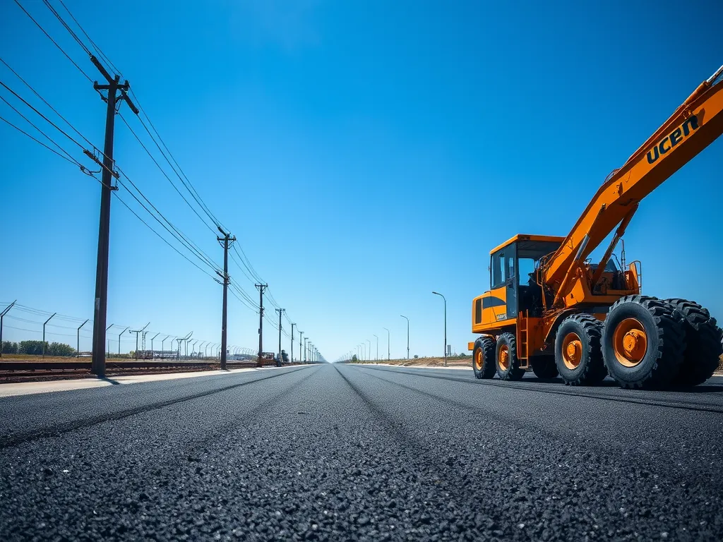 Construction vehicle laying down asphalt for regional economic development