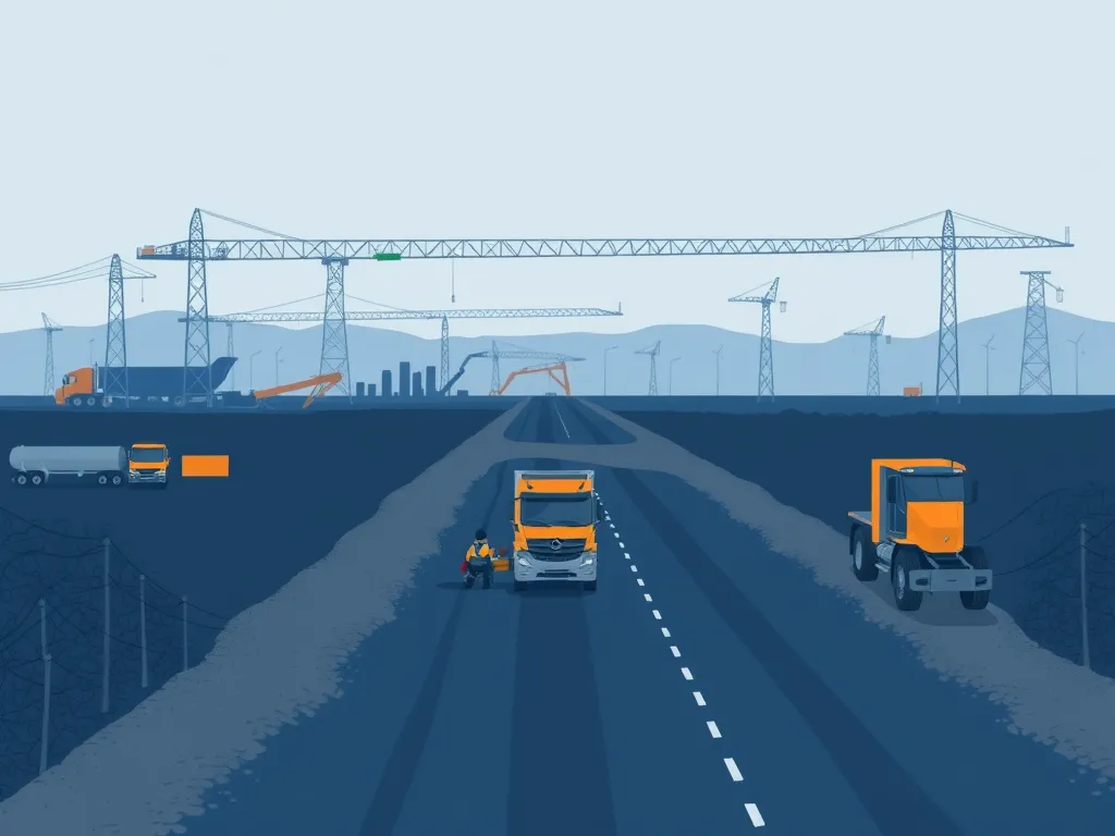 Illustration of large-scale asphalt project showcasing construction vehicles, cranes, and economic development.