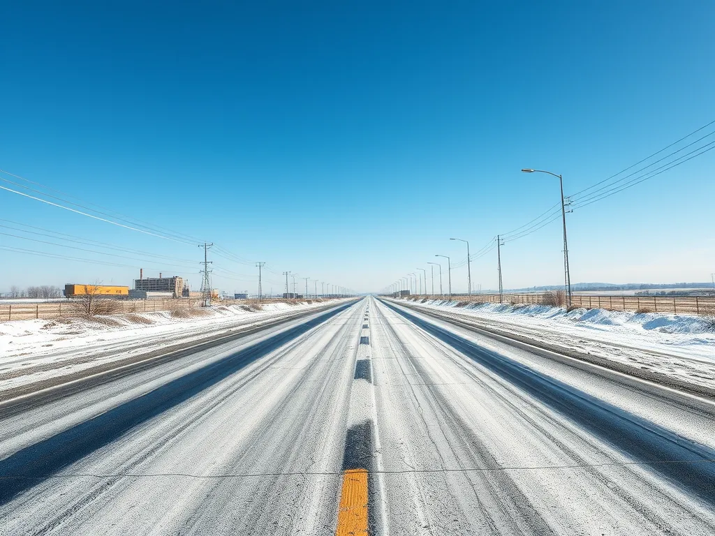 A wide, snow-covered road illustrating the impact of weather on warm mix asphalt regulations.