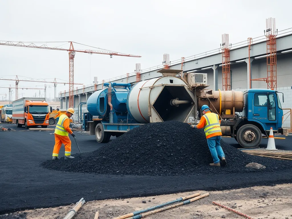 Construction workers using warm mix asphalt on a road project, highlighting regulatory considerations.