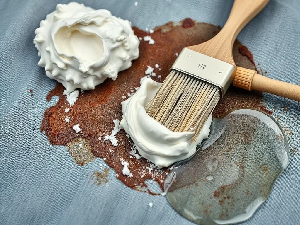 Image showing a fabric stained with asphalt and a brush applying a cleaning solution to remove it.