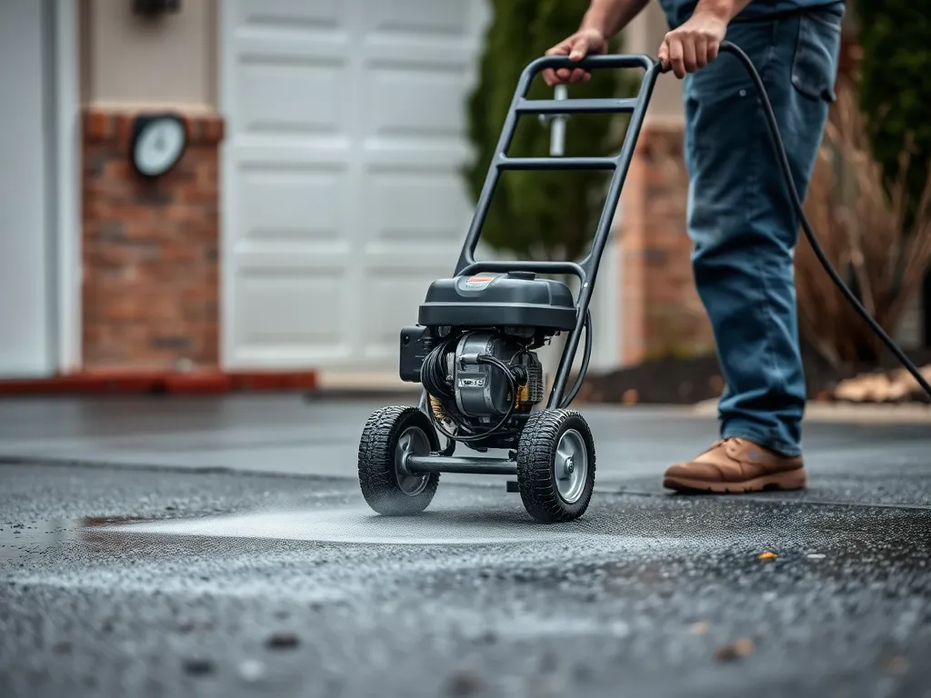 A person using a pressure washer on an asphalt driveway for effective removal