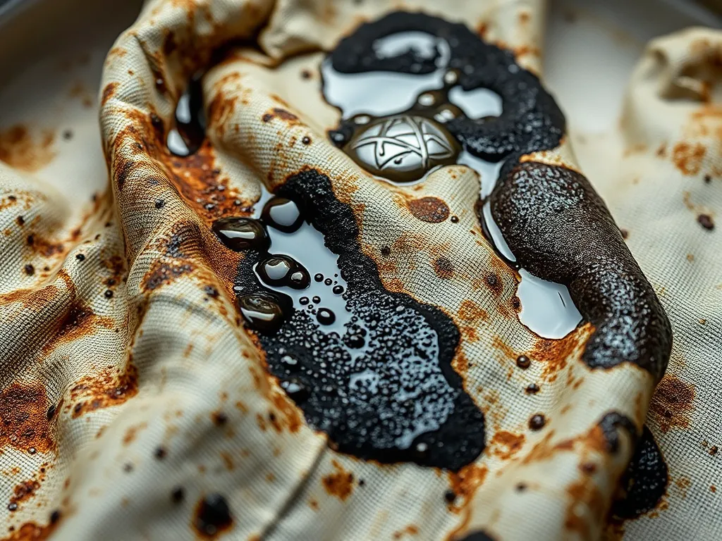 Cloth stained with asphalt, demonstrating the challenge of removing asphalt from clothing.