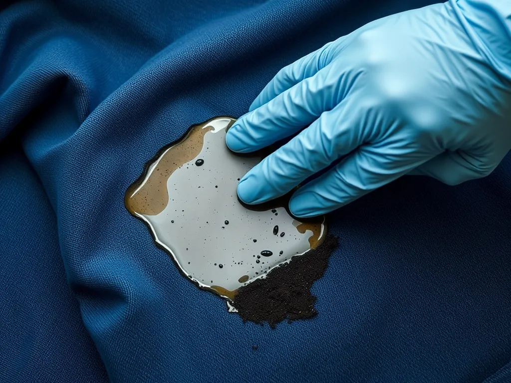 Person removing asphalt stain from fabric using a gloved hand