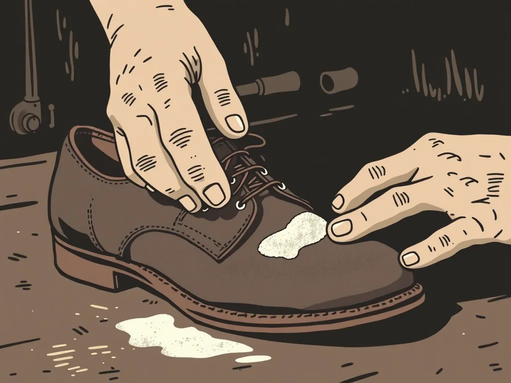 Person removing asphalt from a shoe using a cleaning solution.