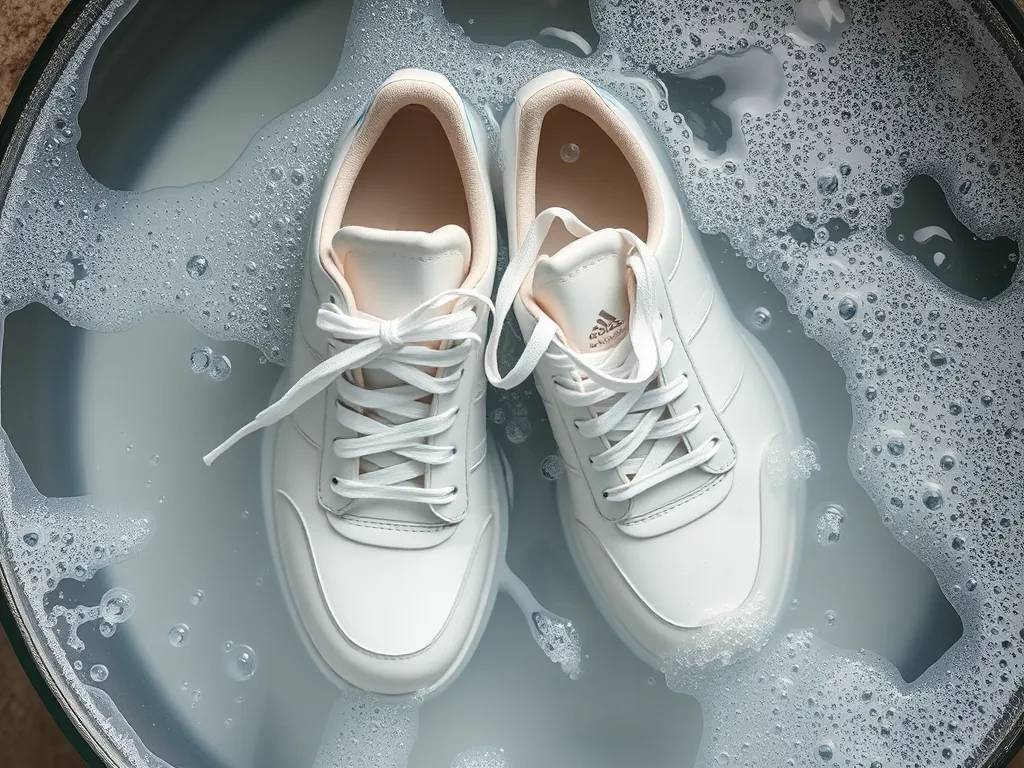 White shoes soaking in soapy water to remove asphalt stains