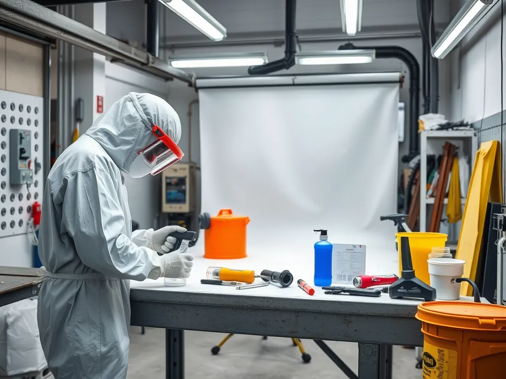 Person in protective gear working on removing asphalt sealer from concrete surfaces.