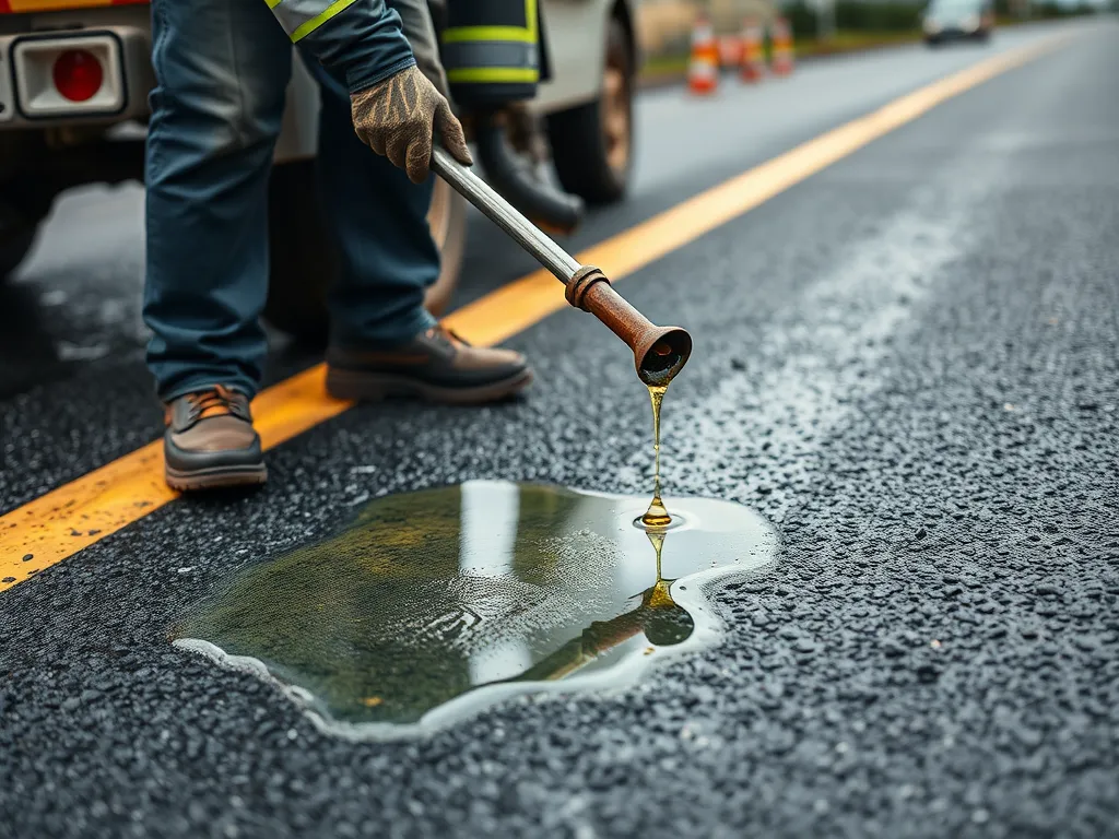 A worker using a specialized tool to remove chewing gum from asphalt surface.