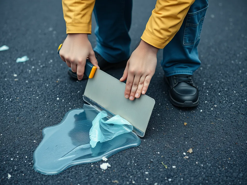 Person scraping chewing gum off asphalt using a scraper