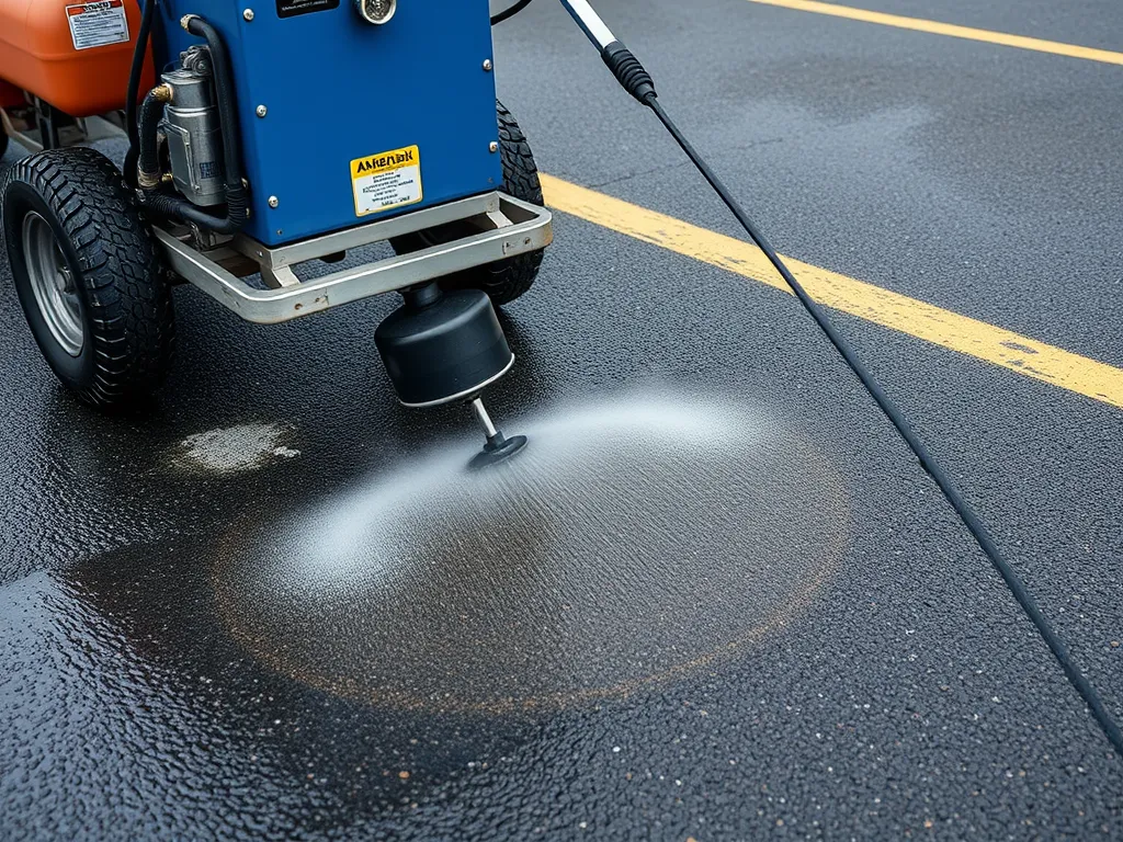 A gum removal machine operating on asphalt to eliminate chewing gum stains.
