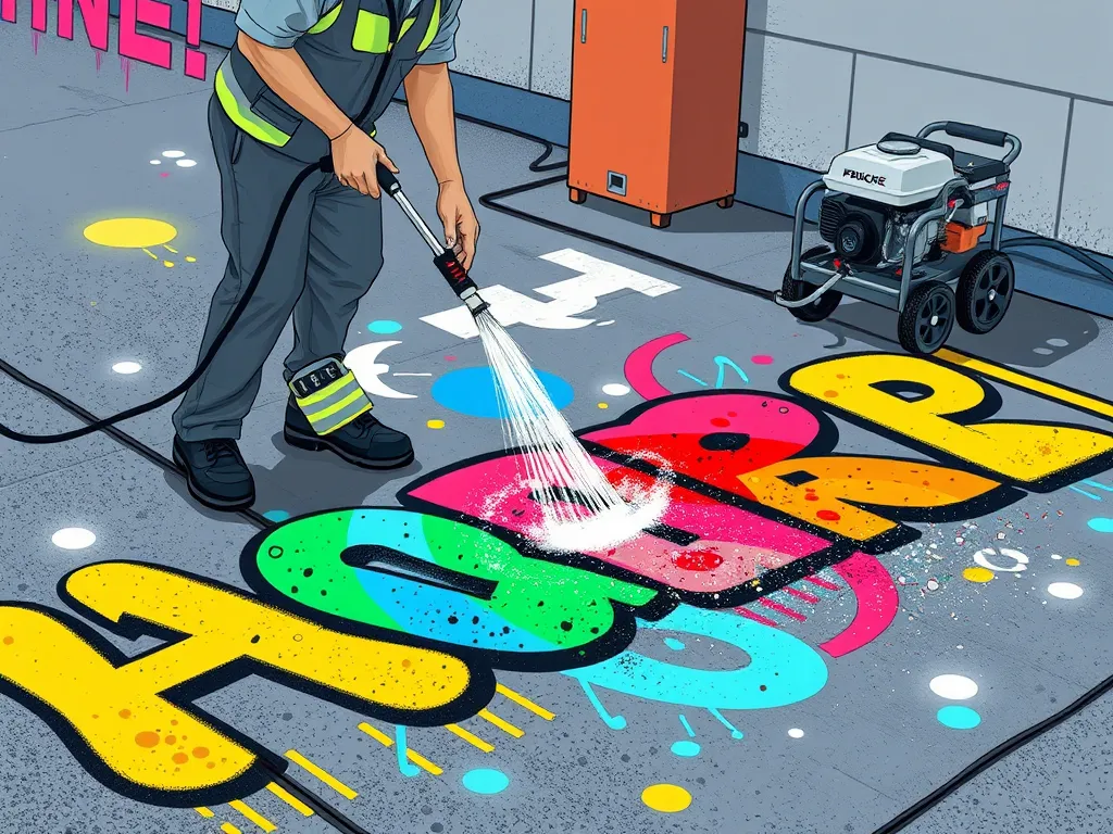 Person using a power washer to remove paint from asphalt surface