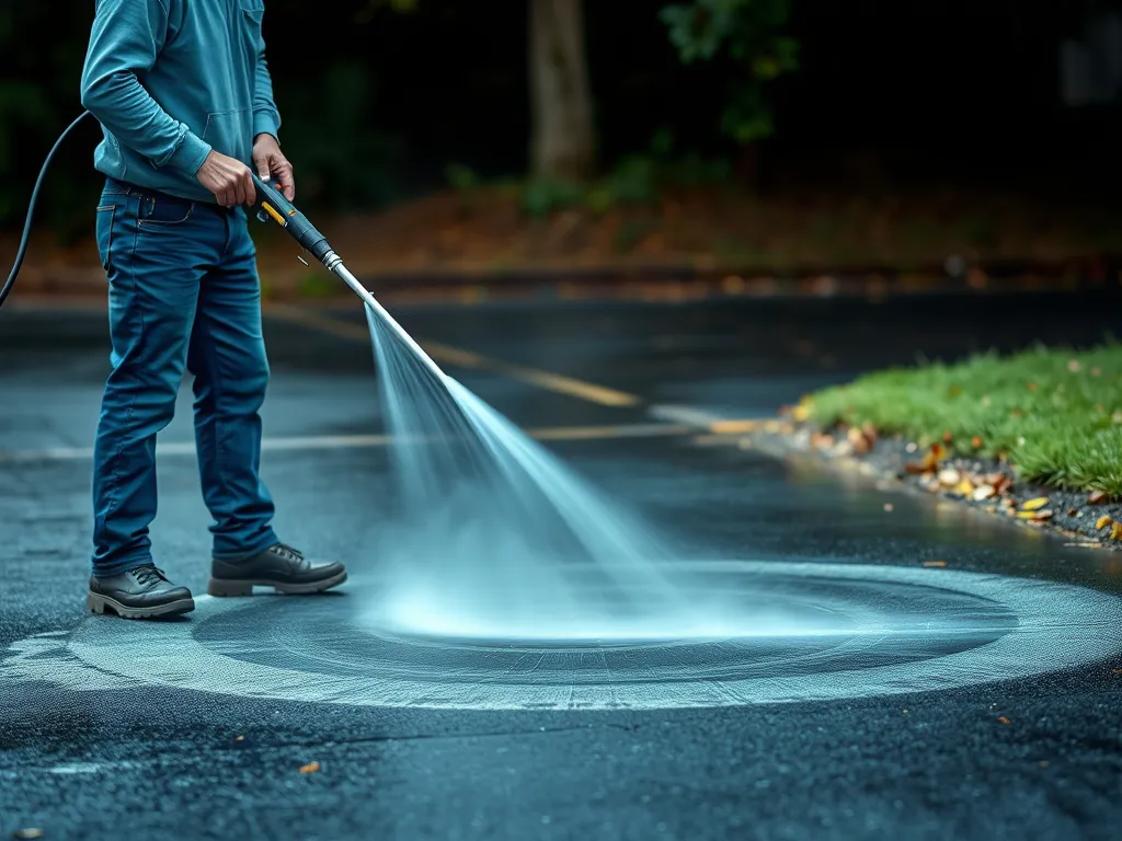 Person using a pressure washer to remove tree sap from asphalt surface