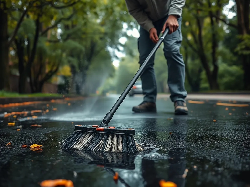 Person using a broom to clean tree sap from asphalt surface