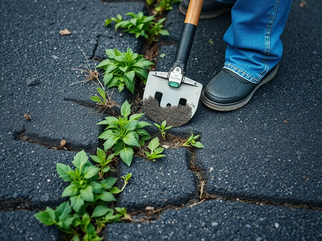 Person using a trowel to remove weeds growing in asphalt cracks.