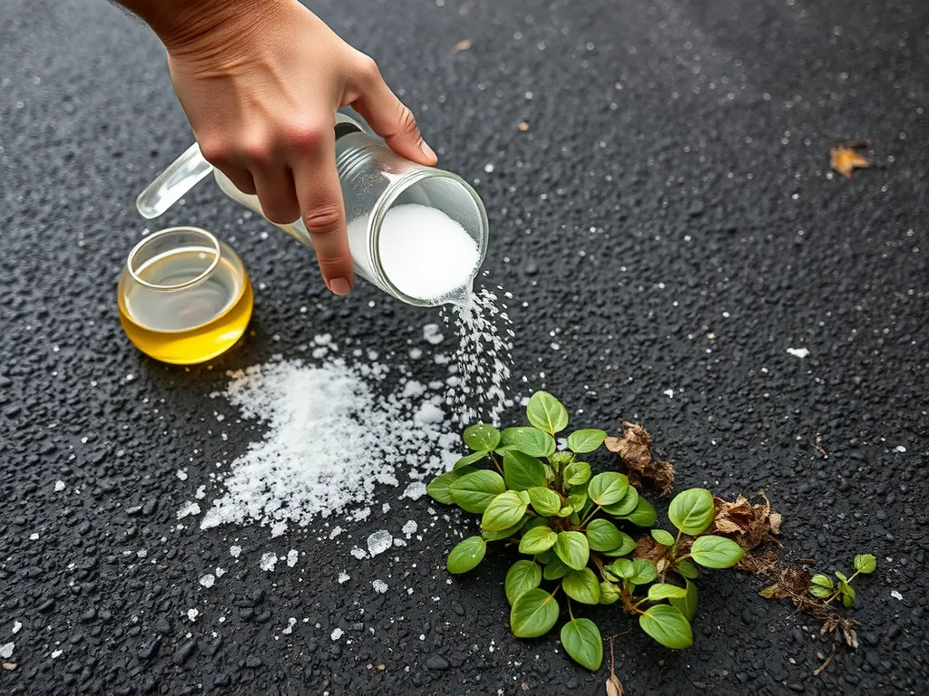 Pouring salt solution on weeds in asphalt cracks for effective weed removal
