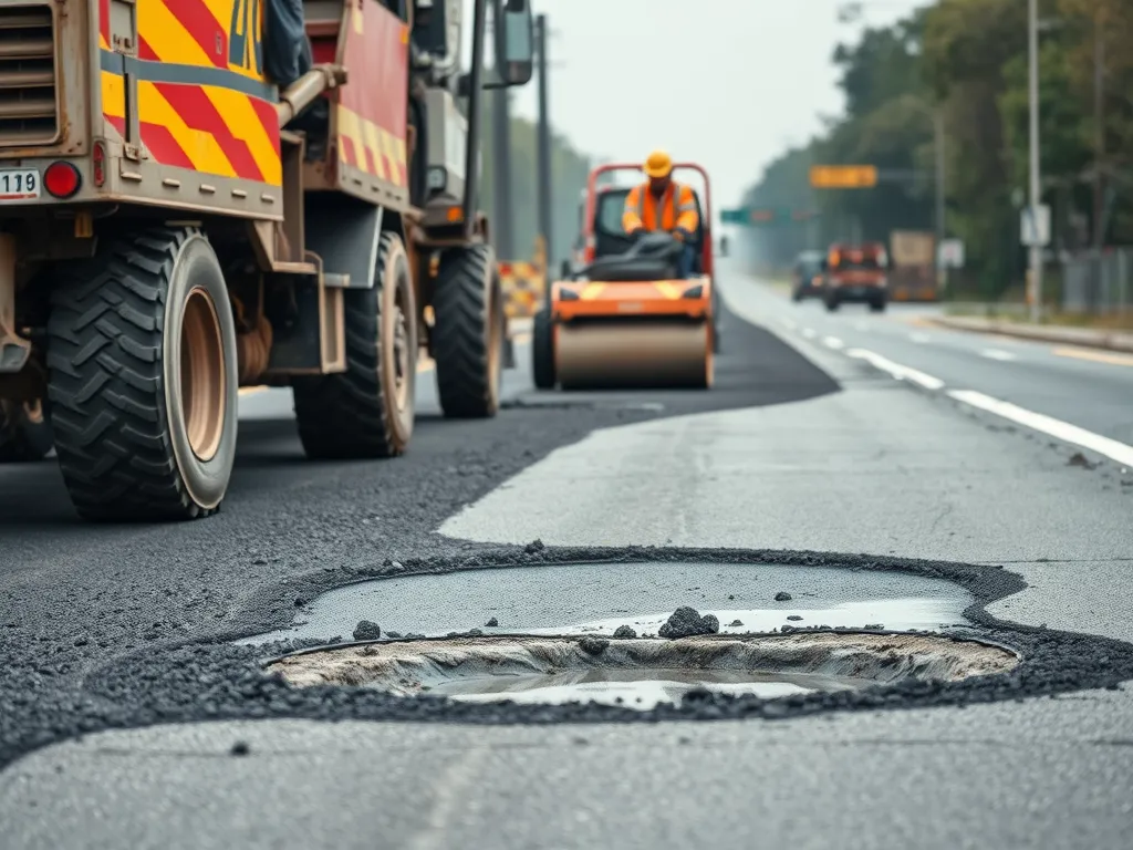Workers repairing cracks and holes in asphalt driveway with heavy machinery