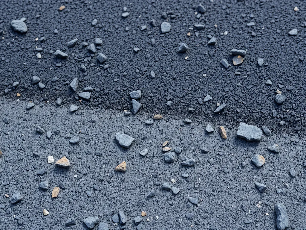 Close-up of asphalt surface showing damage and repair elements.