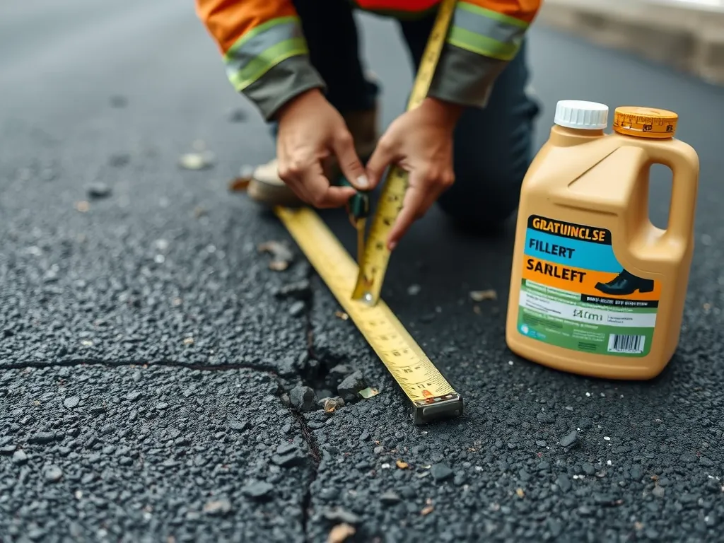 Worker Measuring Cracks in Asphalt for Repair
