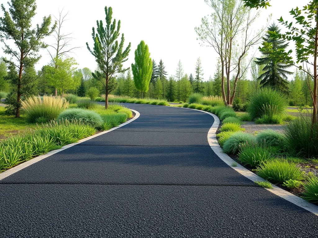 Beautifully repaved asphalt driveway surrounded by greenery, illustrating repaving process.