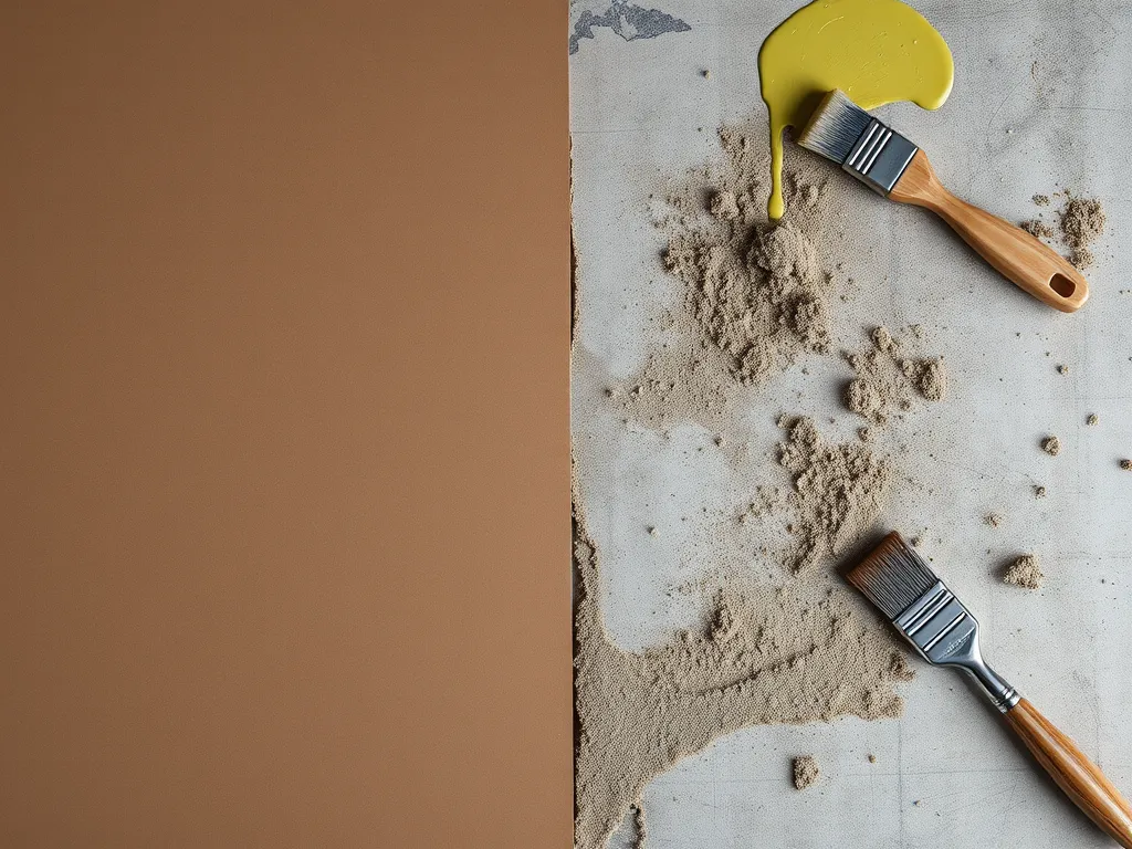 Tools and materials for resealing an asphalt driveway including brushes and yellow sealant.