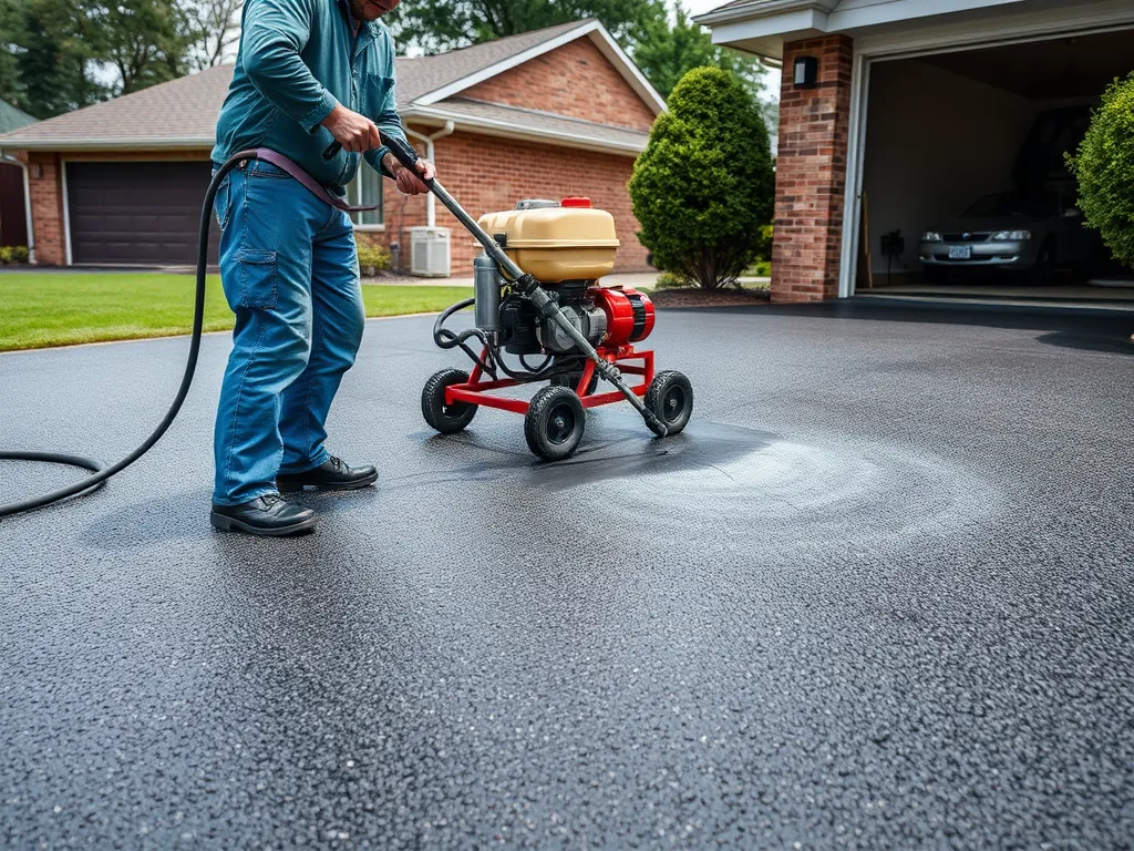 Person using a sealant sprayer to reseal an asphalt driveway