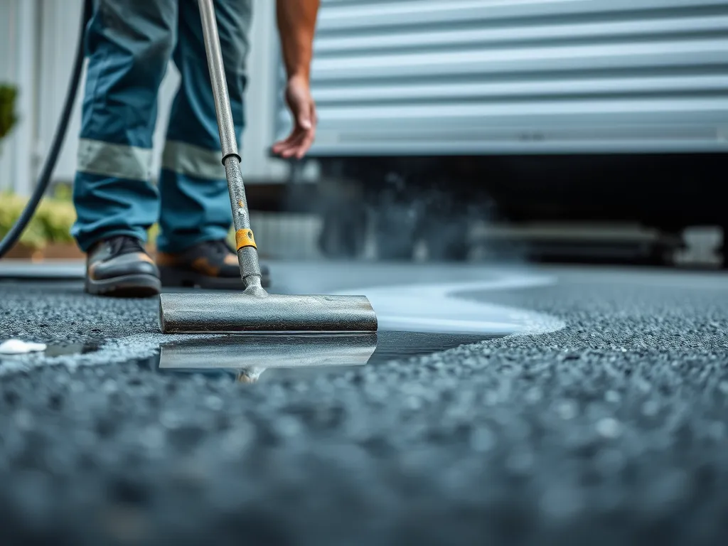 Worker applying sealant on asphalt driveway to maintain surface quality