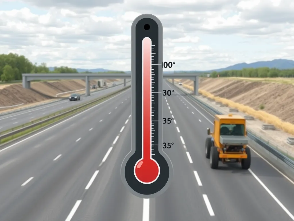 Thermometer indicating temperature for asphalt application on a highway, showcasing the importance of temperature in asphalt paving.