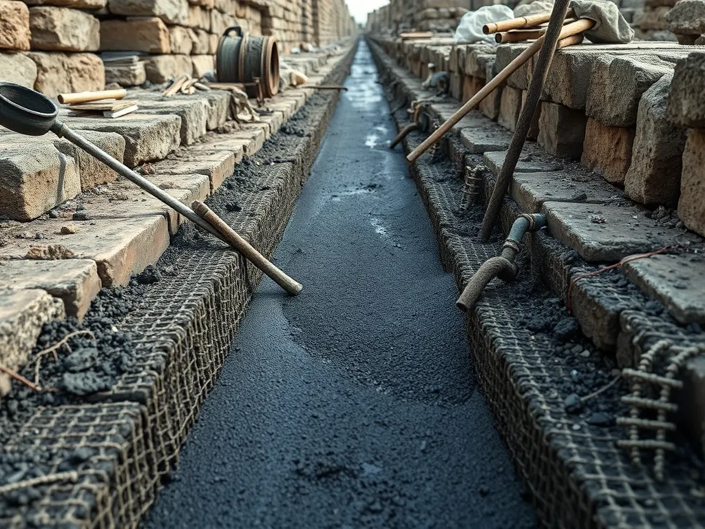 Detailed view of ancient Roman asphalt engineering with tools and materials used in construction.