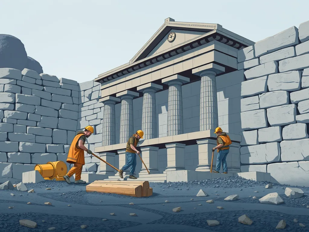 Construction workers applying ancient Roman asphalt engineering techniques in a historical setting.