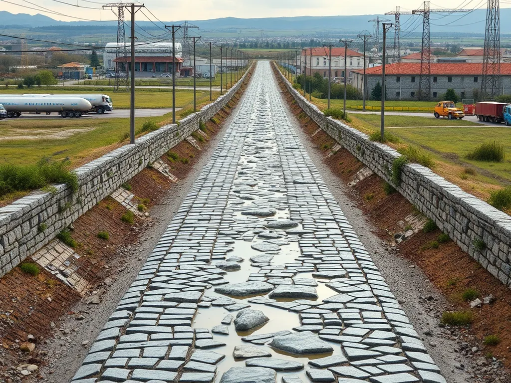 Depiction of Roman asphalt road engineering with stone masonry and water puddles.