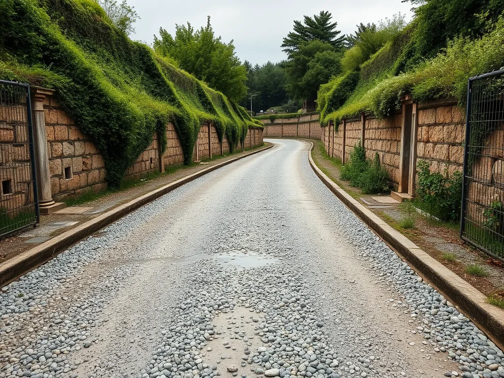 A newly constructed road showcasing ancient Roman asphalt engineering techniques, featuring gravel and unique landscaping.