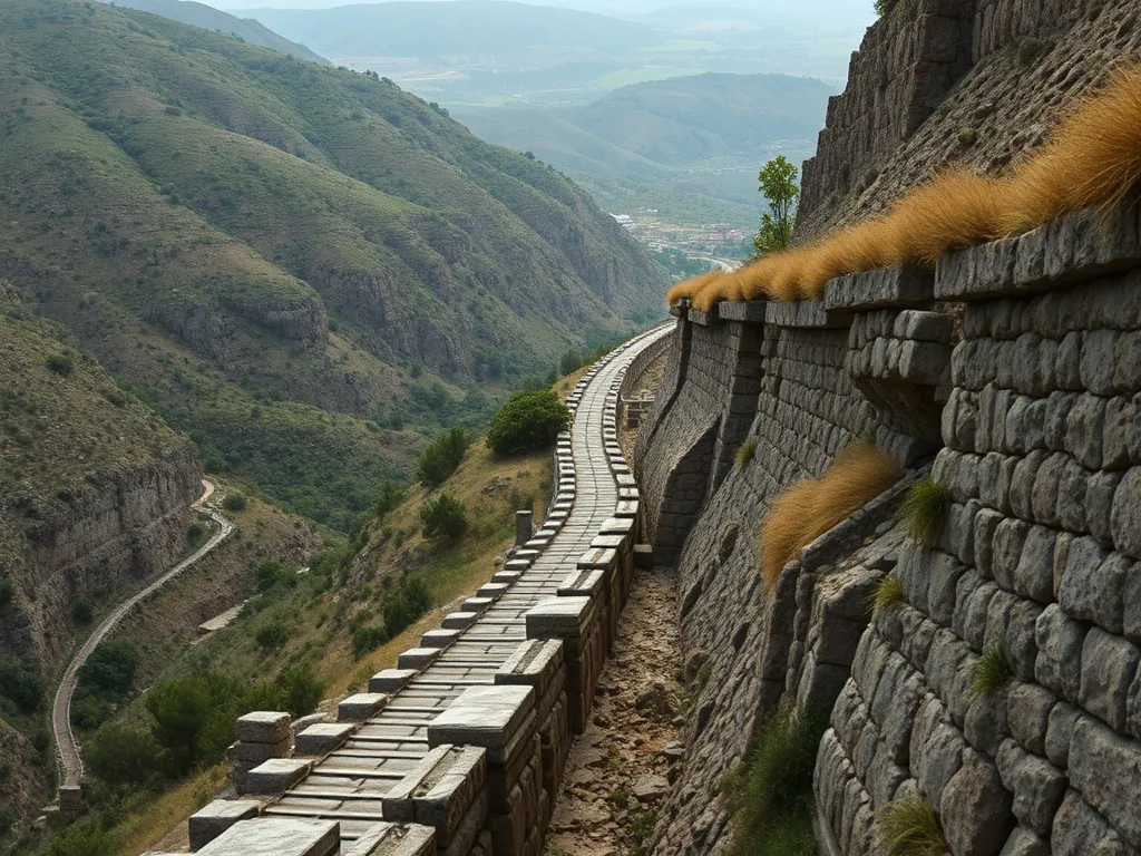 A view of ancient Roman construction techniques, showcasing the use of asphalt in roadway building.
