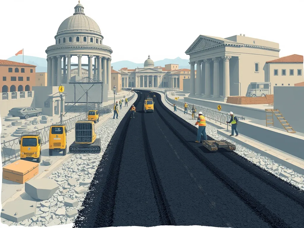 Workers laying asphalt on a Roman Empire road under construction, showcasing ancient engineering techniques.