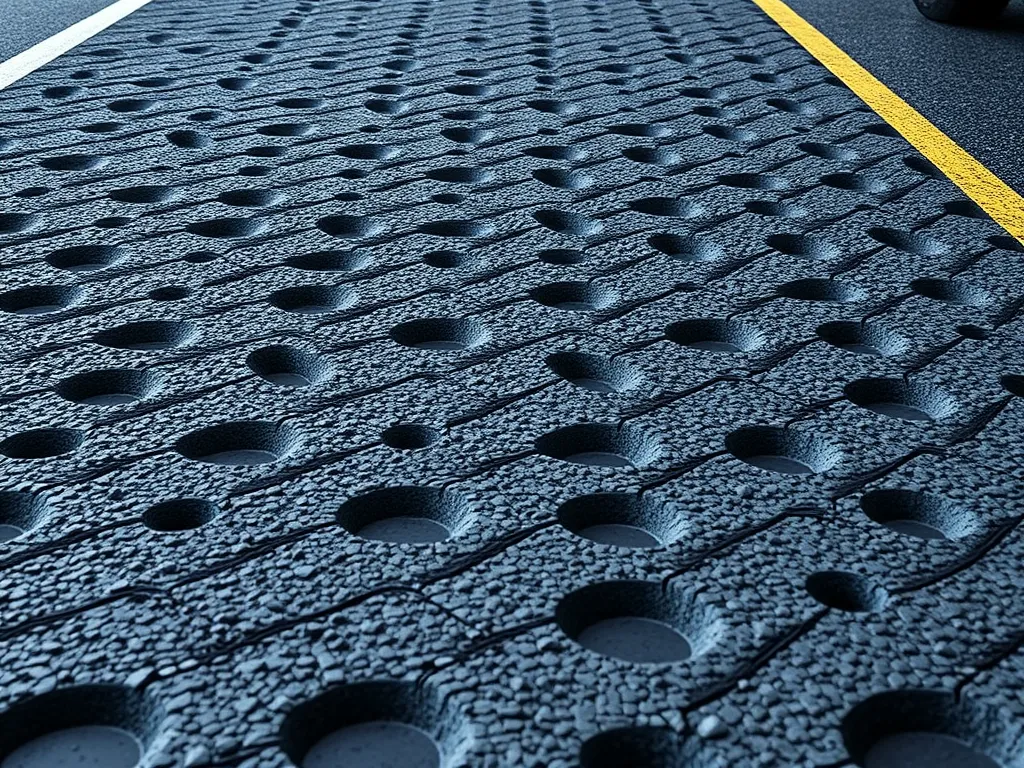 Close-up of rubberized asphalt surface designed to reduce noise.